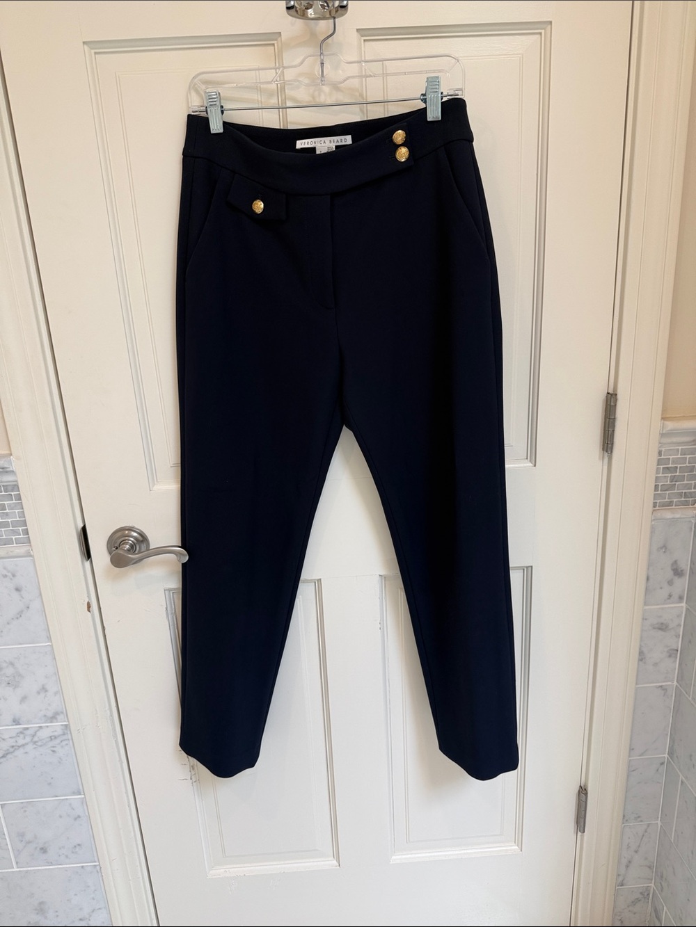 Veronica Beard Navy Cropped Tapered Pants with Gold Buttons